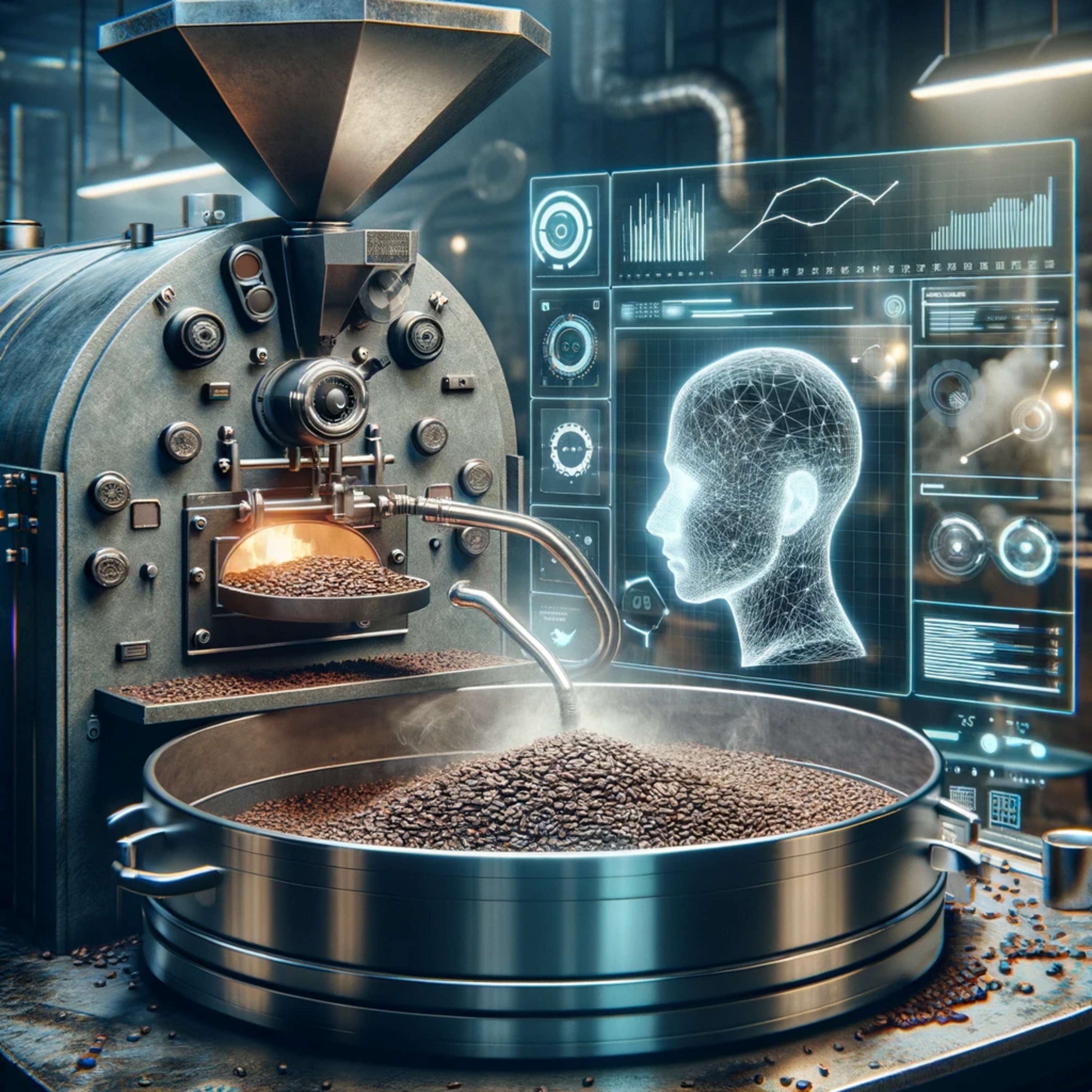 AI-generated picture of a coffee roasting machine with holograms