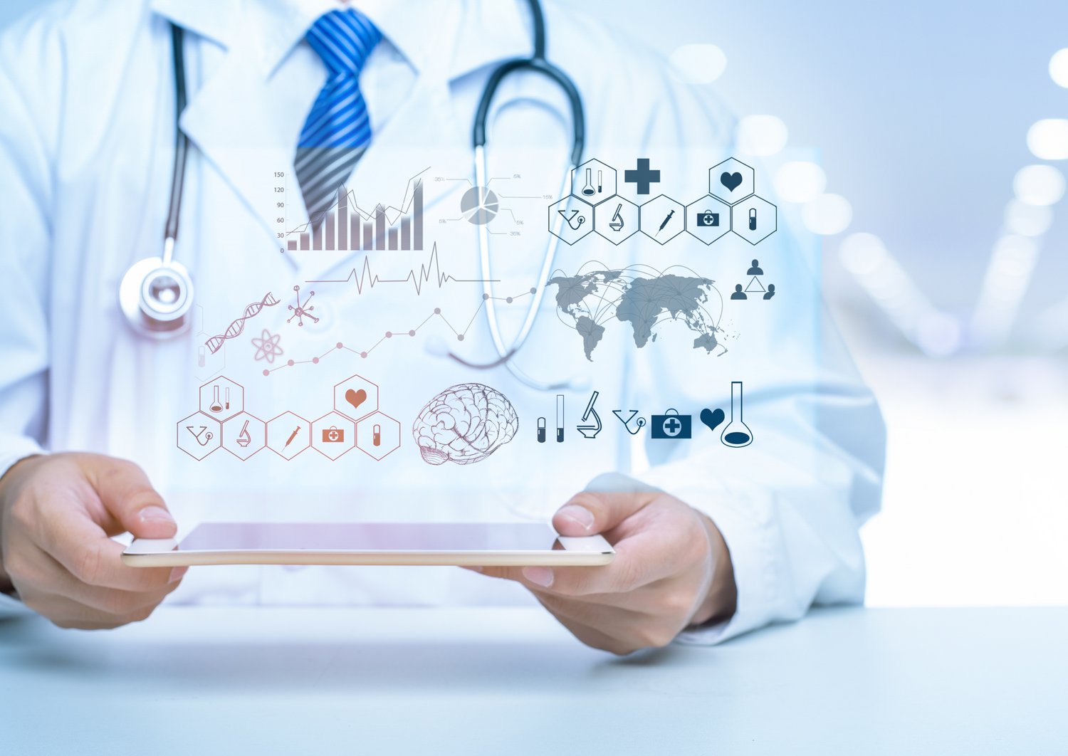 doctor with digital, holographic medical chart