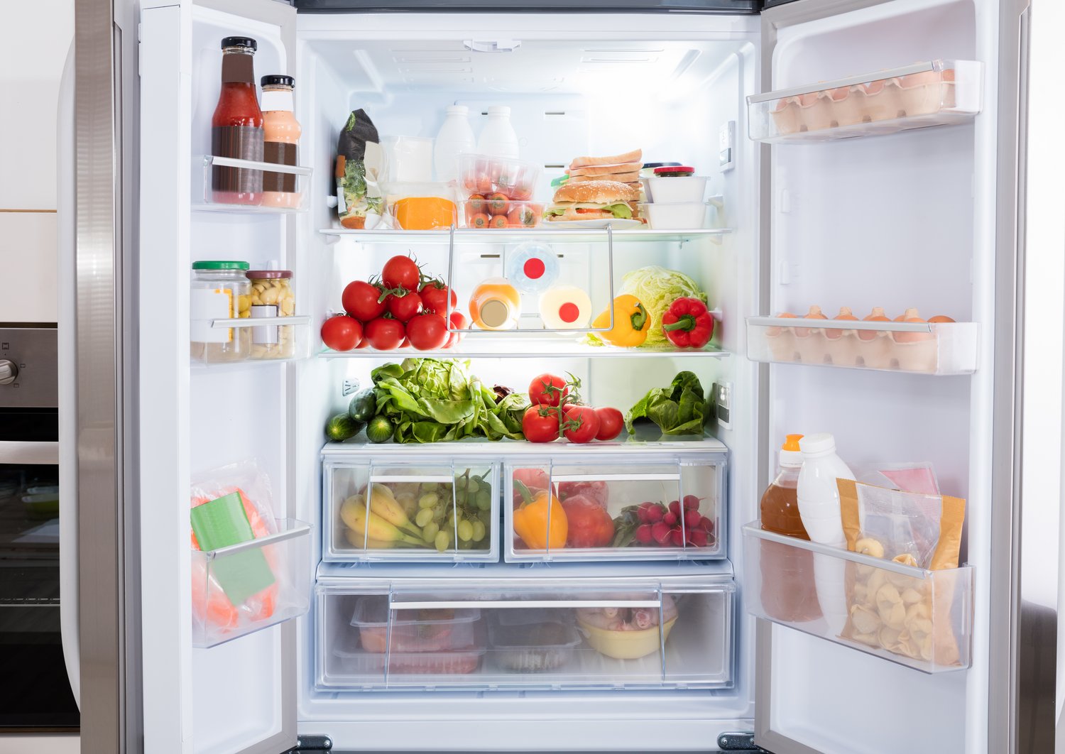 full fridge with open doors
