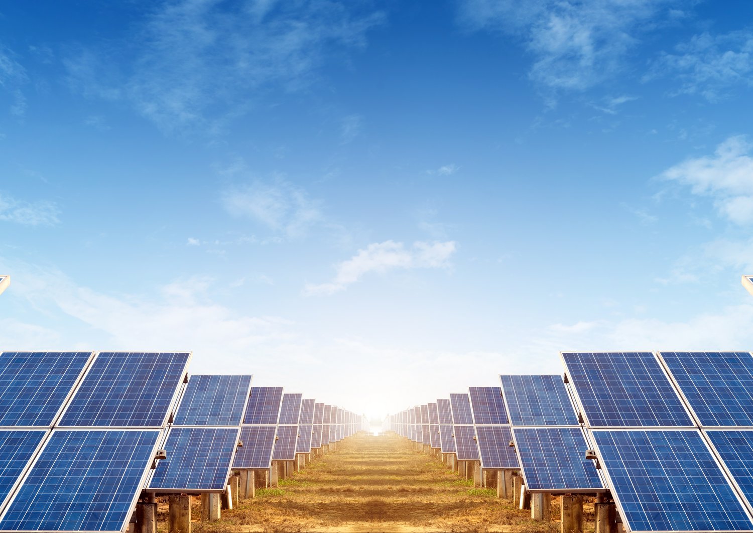 Mehrere Solar Panels die auf einen Feld hintereinander stehen