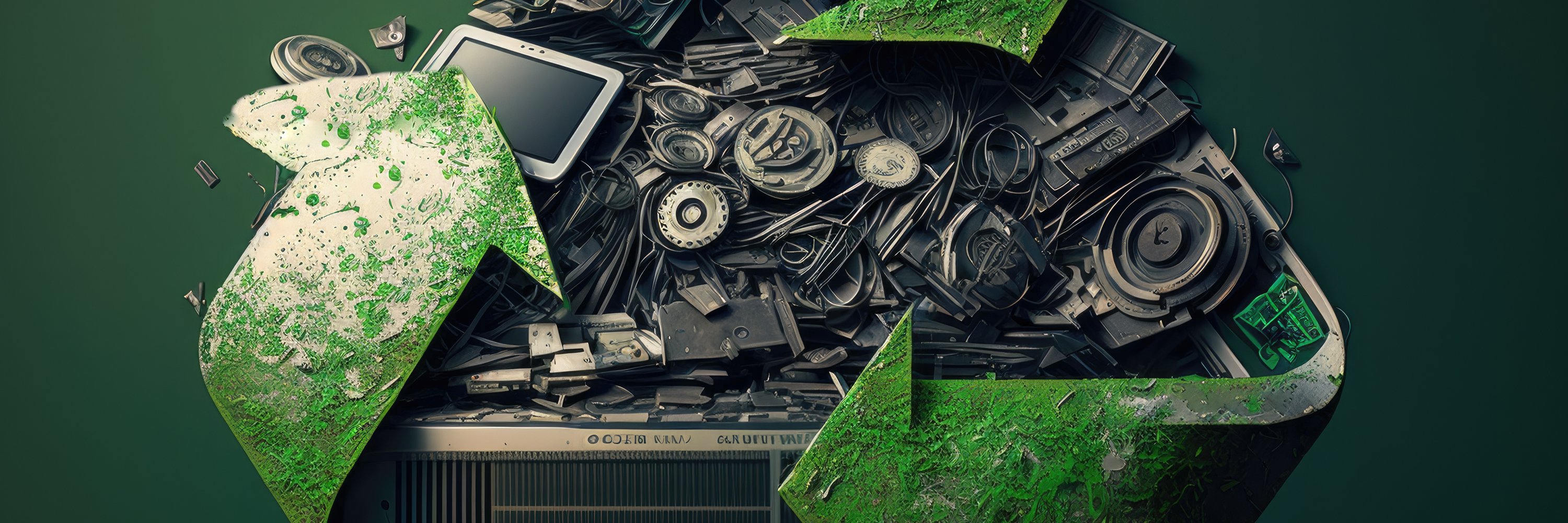 Stockphoto mit Recyclinglogo. Elektroschrott im Hintergrund.