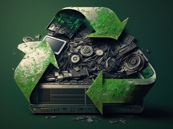Stockphoto mit Elektromüll und einem grünen Recyclingzeichen im Vordergrund