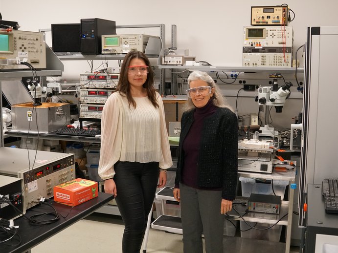 Madeleine Petschnigg and Prof. Susan Trolier-McKinstry in the research group's electrical characterization laboratory.