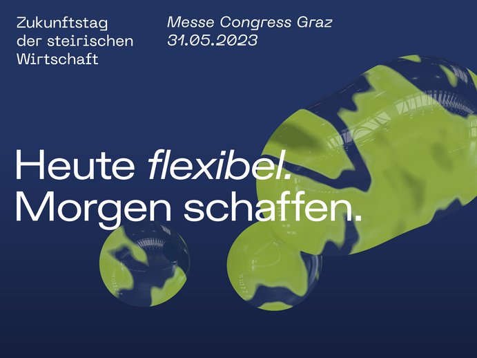 Blau-grüner Hintergrund mit Schriftzug "Heute flexibel. Morgen schaffen."