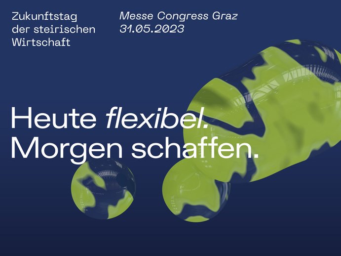 Blau-grüner Hintergrund mit Schriftzug "Heute flexibel. Morgen schaffen."