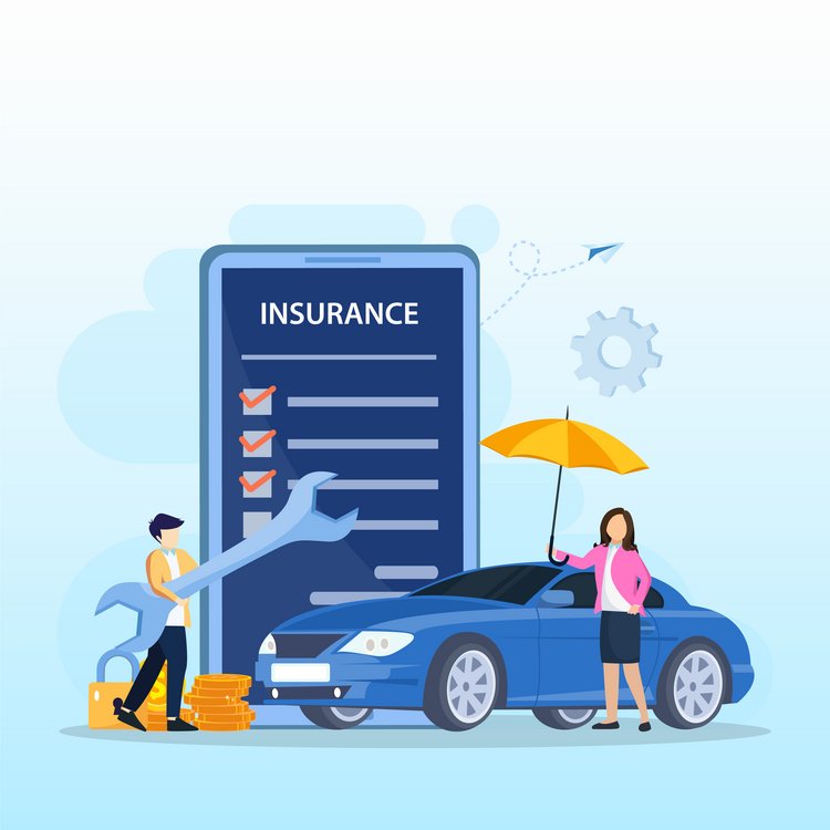 Frau bei Auto, Mann mit großem Schraubenzieher; Tafel mit dem Wort "Insurance" im Hintergrund