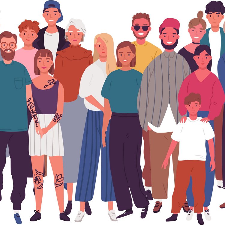 cartoon of a group of people of different ages and skin colors