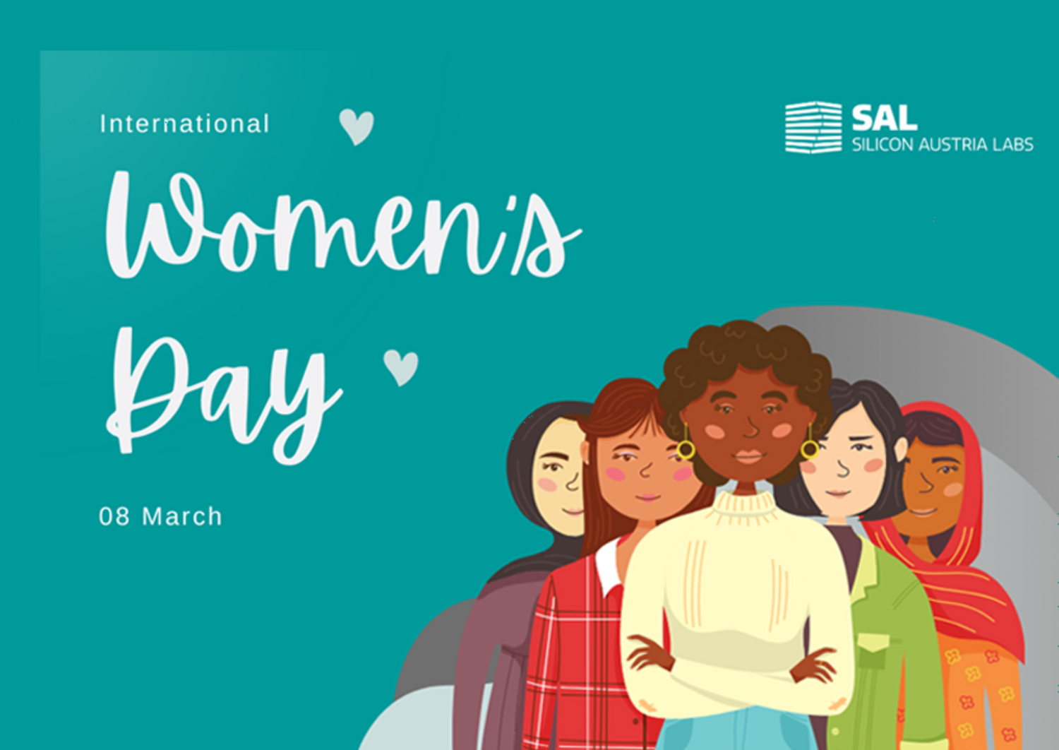 türkiser Hintergrund mit SAL-Logo und dem Text "International Women's Day, 08 March". Links unten eine Zeichnung von Frauen mit verschiedenen Hautfarben und verschiedenen Alters. 