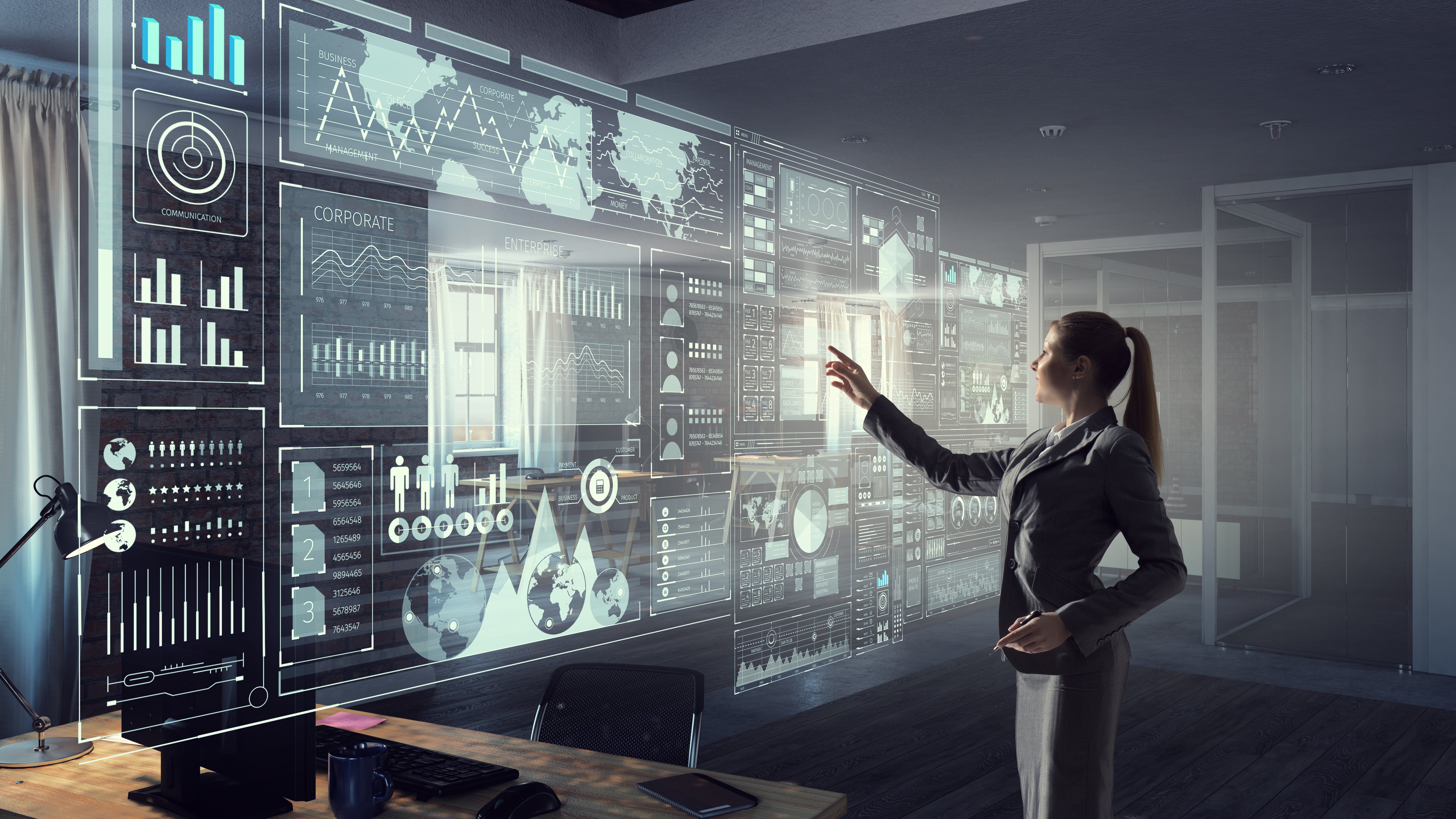 woman touching a holographic screen