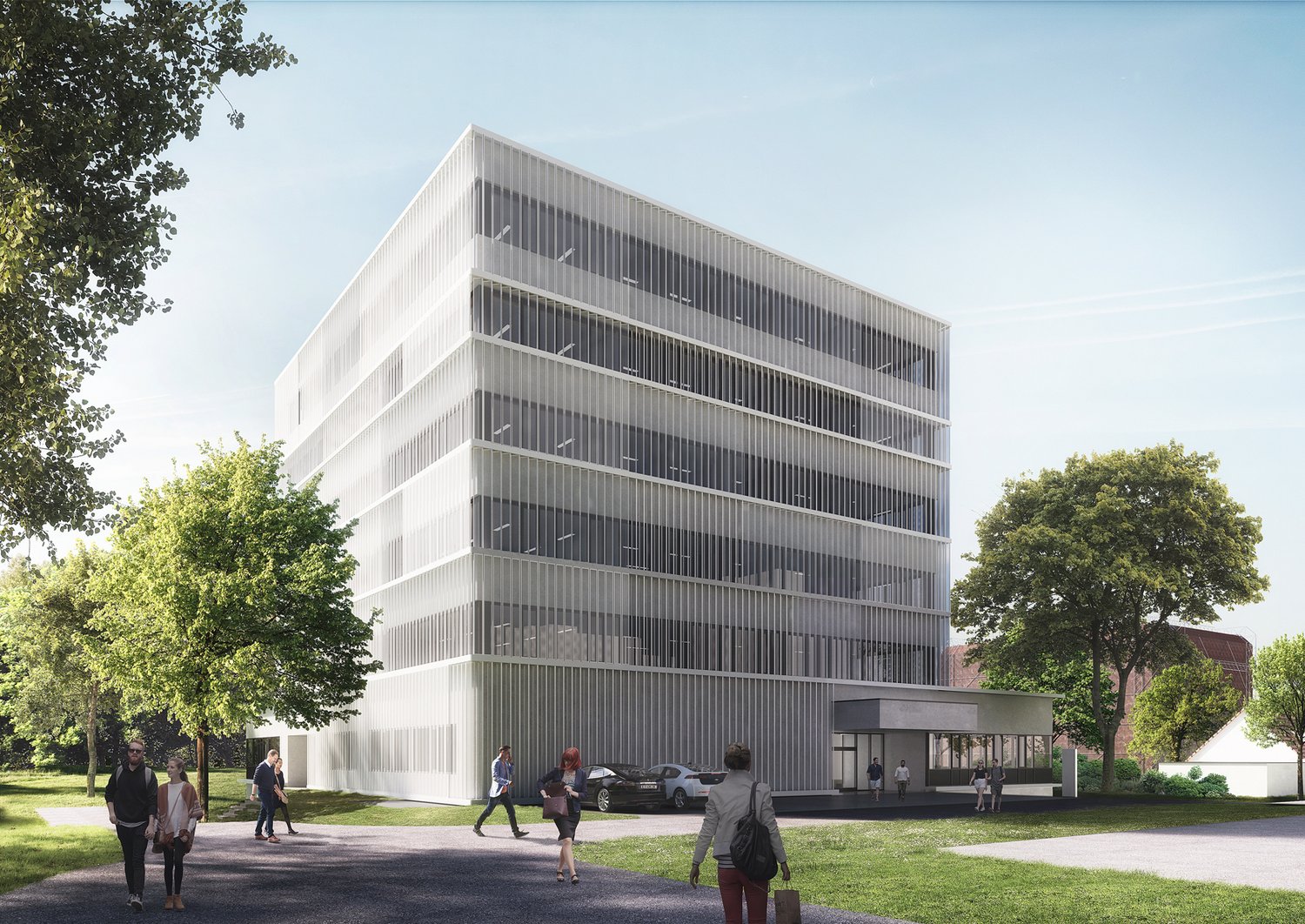 The EBS Center: A modern gray and white building in the back. People and nature in the front and surrounding the building.  