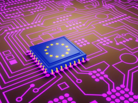 Dekoratives Bild, Mikrochip mit EU-Flagge auf einer Leiterplatte