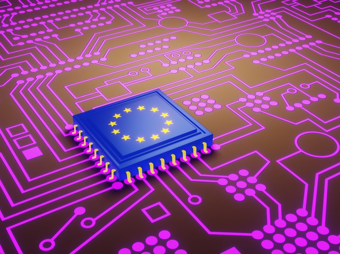 Decorative image, micro chip with EU flag on printed circuit board
