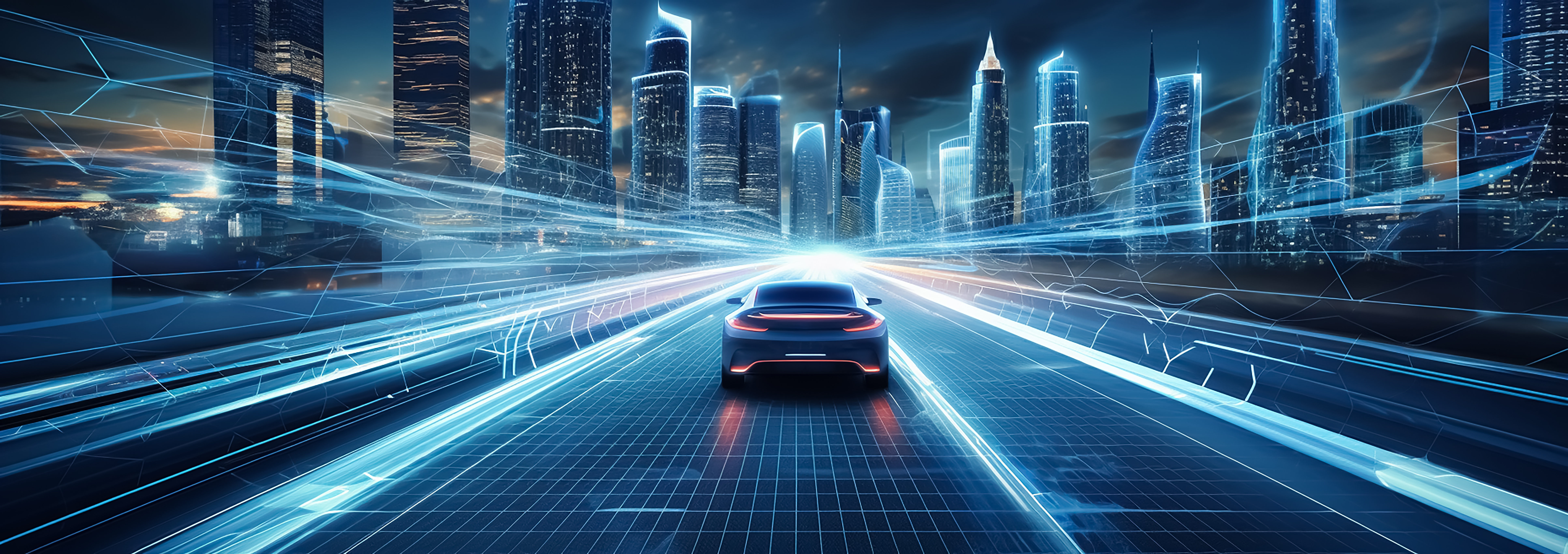 Dekoratives Bild, autonomes Auto mit Berührungssensoren in einer futuristischen Umgebung