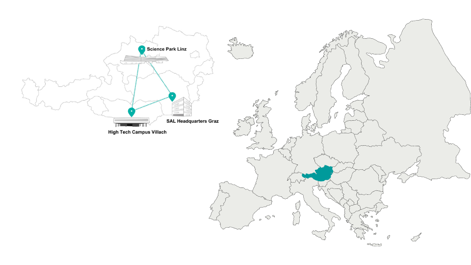 Karte von Europa, Österreich farblich hervorgehoben; daneben Österreich im Großformat mit SAL Standorten