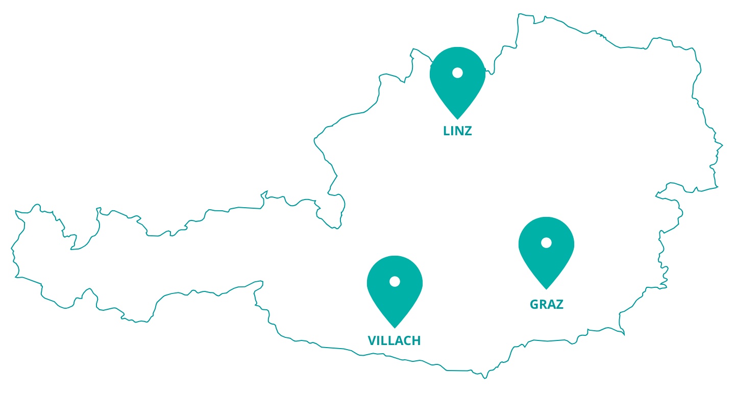 Österreichkarte mit SAL Standorten in Linz, Graz und Villach