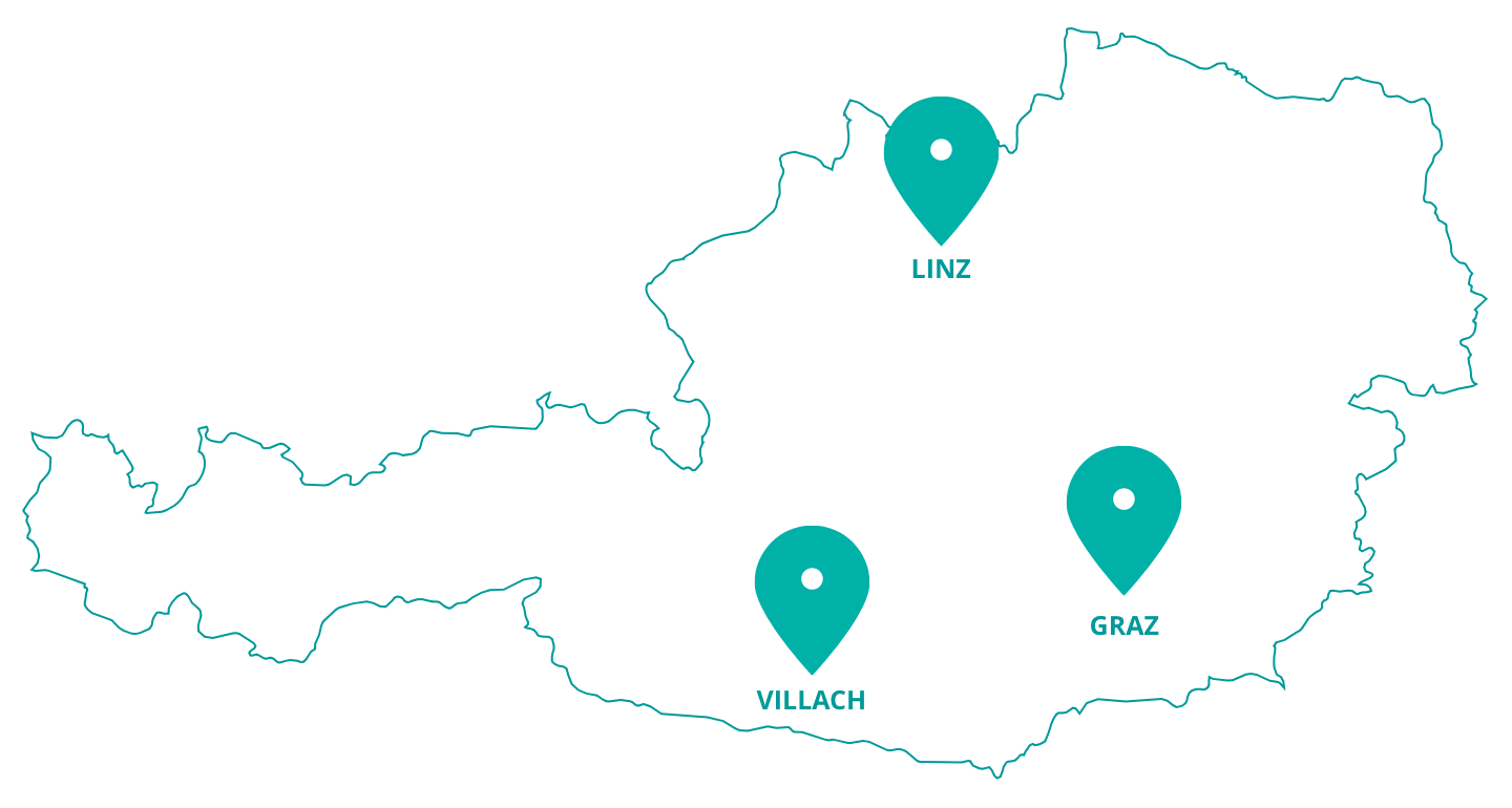 Die 3 SAL-Standorte Graz, Linz und Villach Österreichkarte mit SAL Standorten in Linz, Graz und Villach